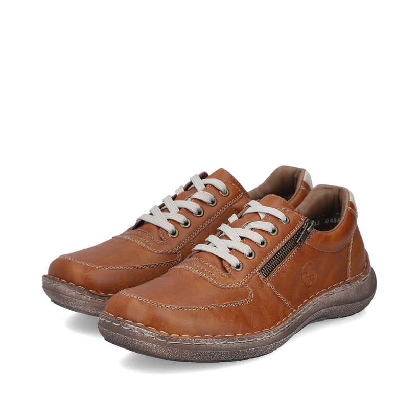 Braune Rieker Herren Schnürschuhe 03030-25 mit Reißverschluss sowie Extraweite H. Schuhpaar seitlich schräg.