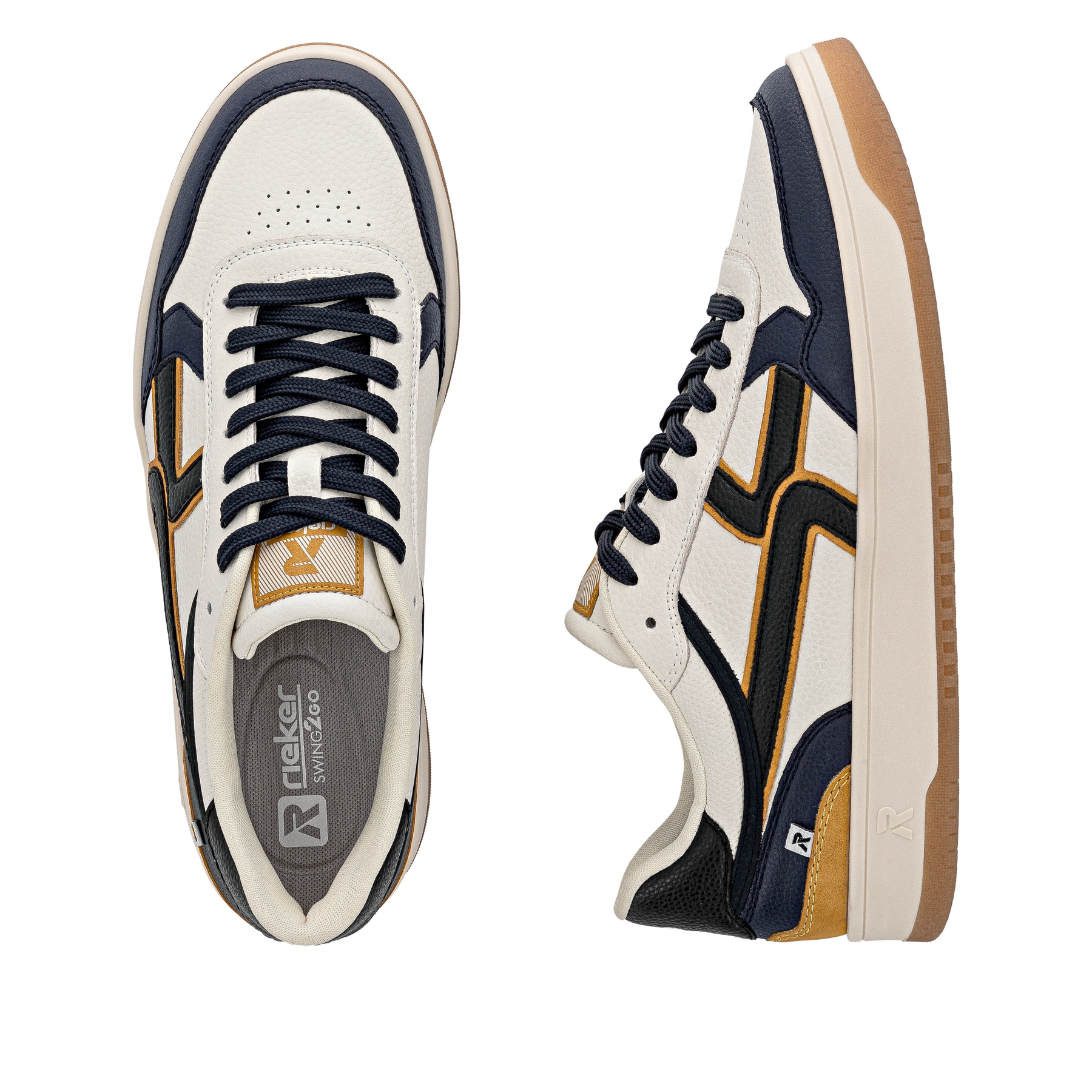 Weiße Rieker Herren Sneaker Low U1900-81 mit abriebfester Sohle sowie Schnürung. Schuh von oben, liegend.
