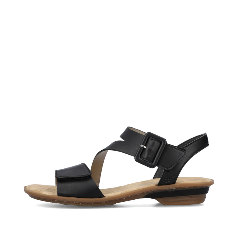 Schwarze Rieker Riemchensandaletten 63460-00 mit trendigen Schnalle. Schuh Außenseite.