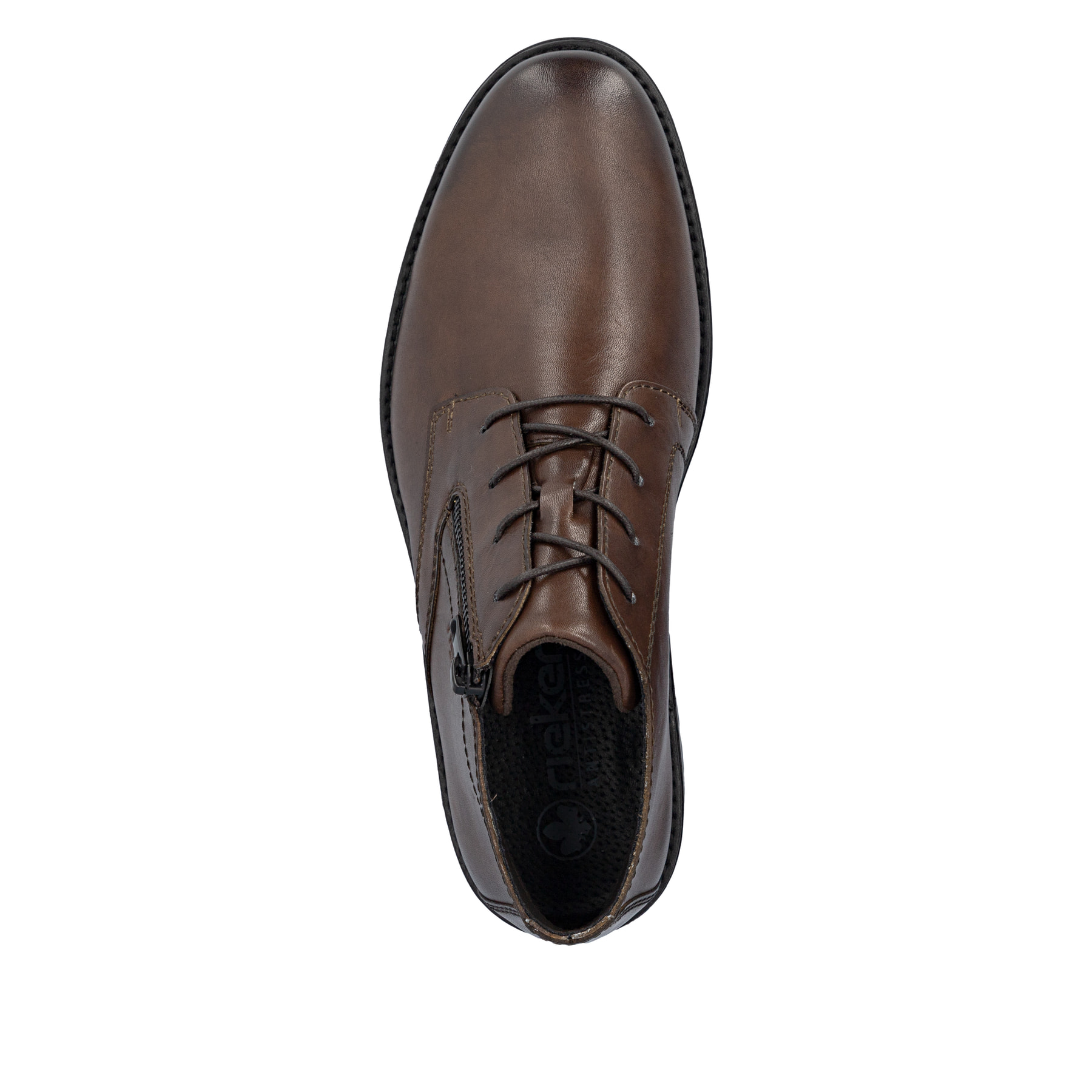 Dunkelbraune Rieker Herren Kurzstiefel 14609-25 aus Glattleder. Schuh von oben.
