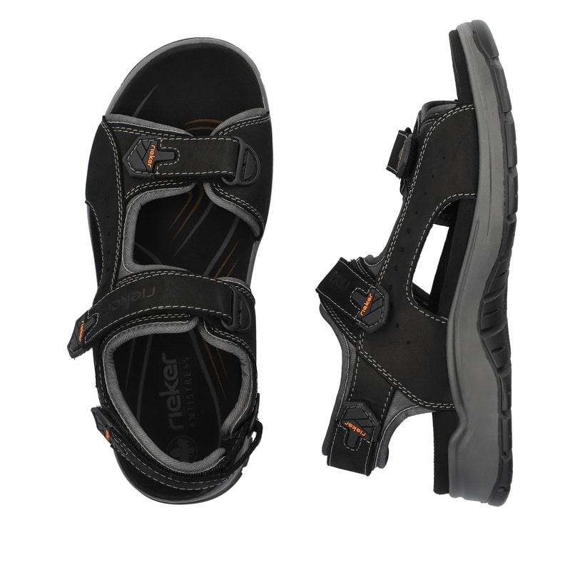 Schwarze Rieker Herren Trekkingsandalen 26951-00 mit einem Klettverschluss. Schuh von oben, liegend.