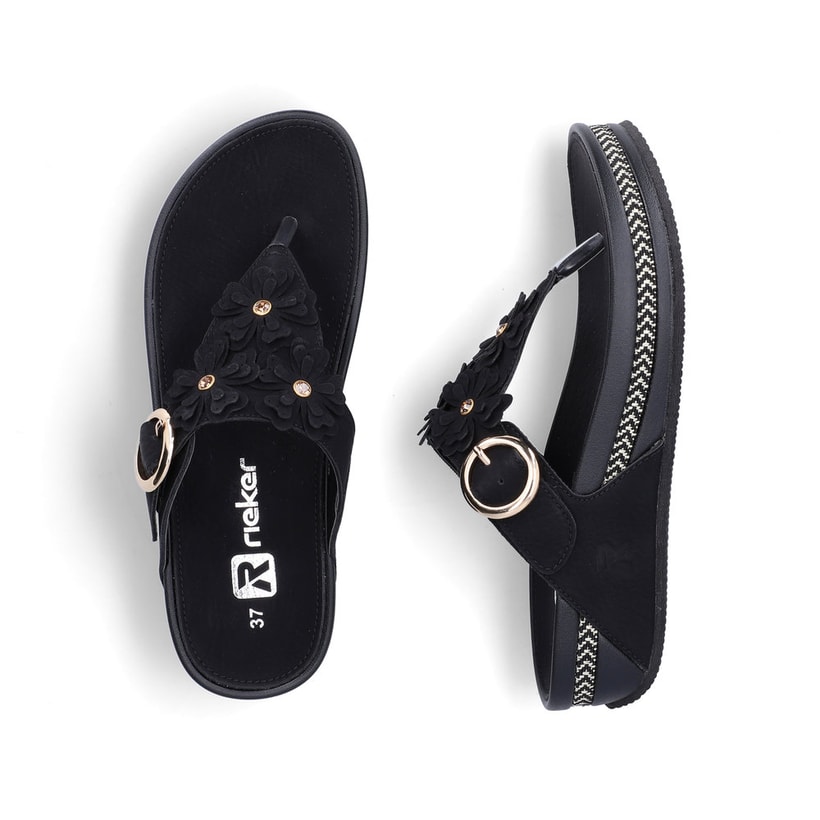 Schwarze vegane Rieker Damen Zehentrenner V1466-00 mit dekorativer Blume. Schuh von oben, liegend.