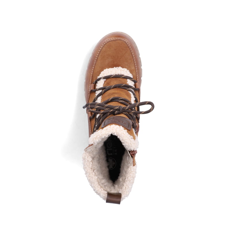 Vegane, braun-beige Rieker Damen Kurzstiefel 74574-24 mit einem Reißverschluss. Schuh von oben.