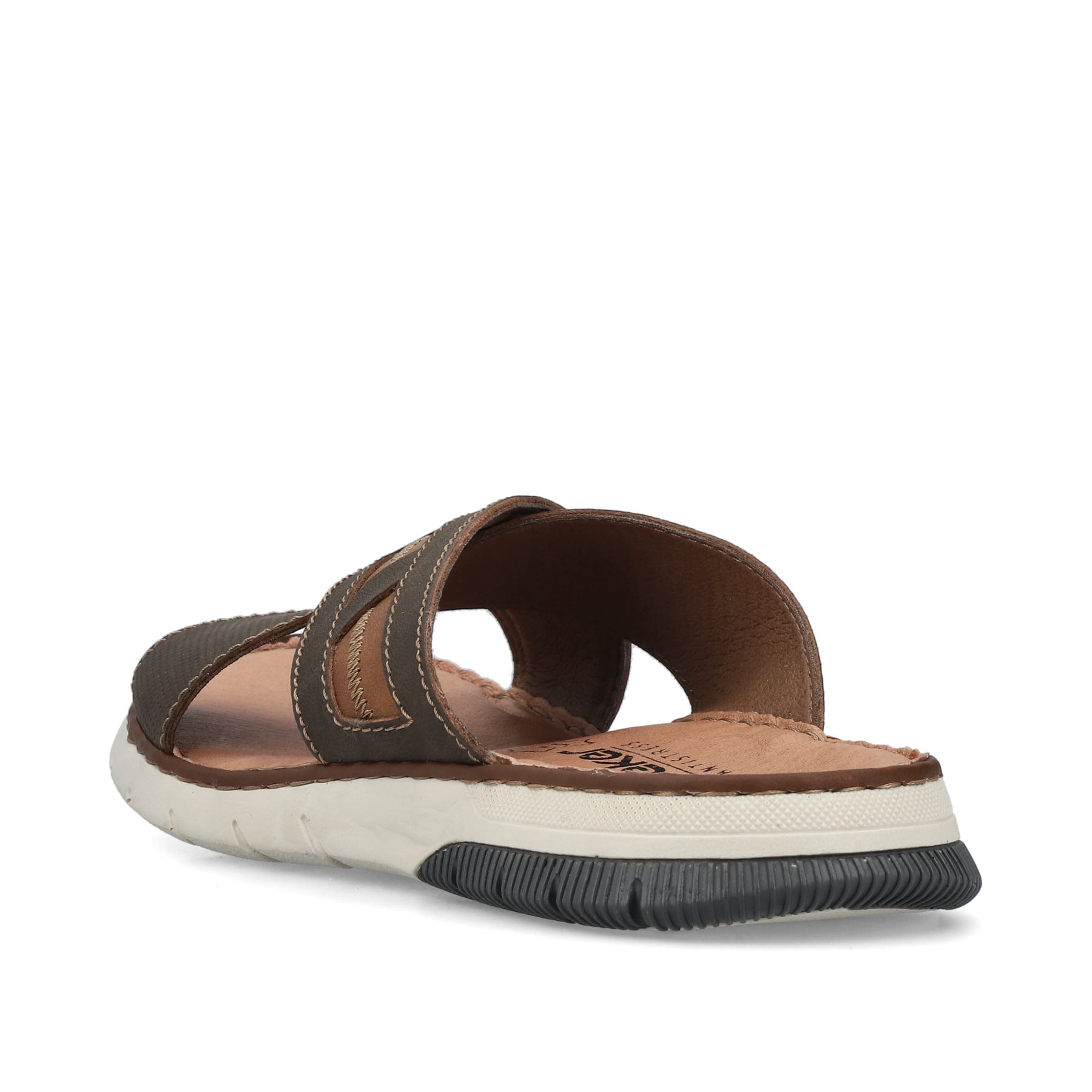 Braune Rieker Herren Pantoletten 25252-25 mit der Komfortweite G 1/2. Schuh von hinten.