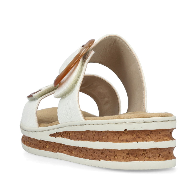 Weiße Rieker Damen Pantoletten 62993-80 mit modischen Flechtelementen. Schuh von hinten.