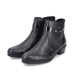 
Tiefschwarze Rieker Damen Stiefeletten Y0783-00 mit Reißverschluss sowie Blockabsatz. Schuhpaar schräg.