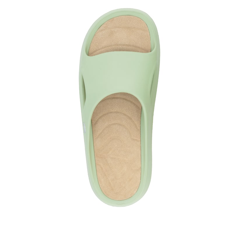 Grüne Rieker Damen Pantoletten W3350-52 mit flexibler und ultraleichter Sohle. Schuh von oben.