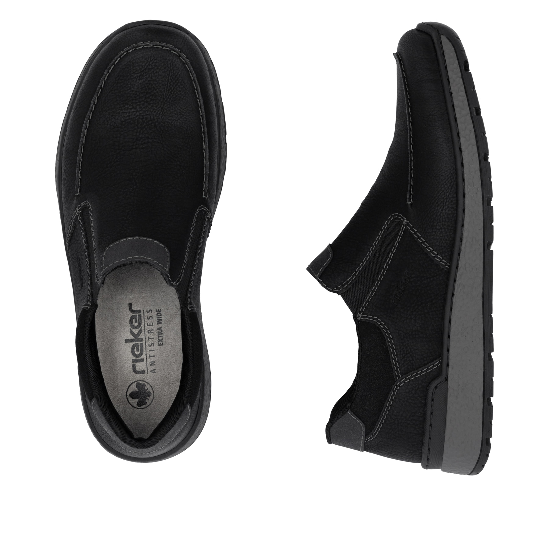 Mocassins Rieker noirs pour homme B9062-00 avec bande élastique. Chaussure vue de dessus, couchée.