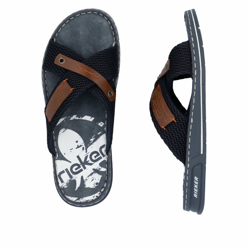 Blaue Rieker Herren Pantoletten 21239-14 mit Komfortweite G sowie leichter Sohle. Schuh von oben, liegend.