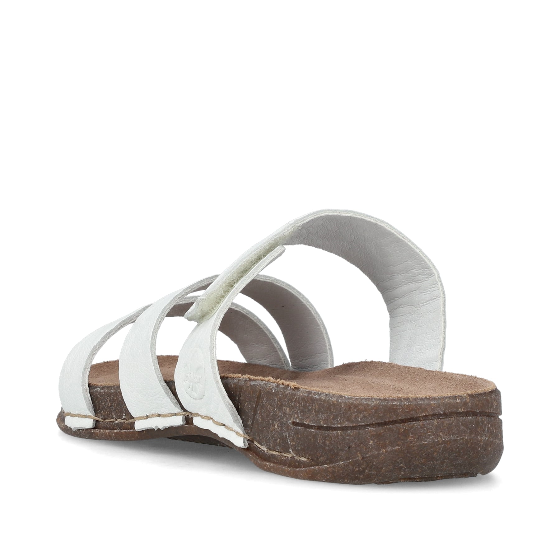 Weiße Rieker Damen Pantoletten 61450-80 mit einem Klettverschluss. Schuh von hinten.
