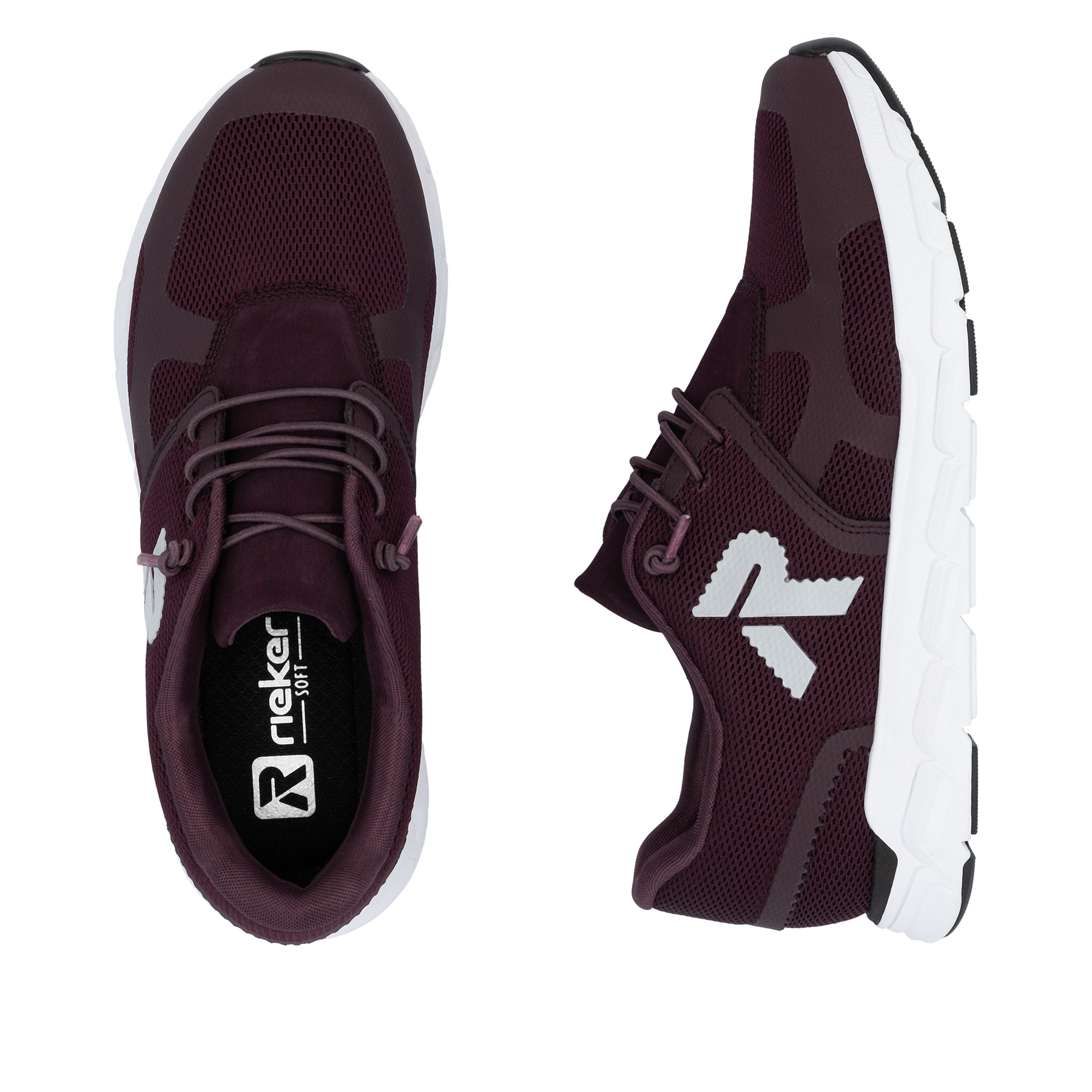 Dunkelrote Rieker Damen Sneaker Low M9000-32 mit einer Schnürung. Schuh von oben, liegend.