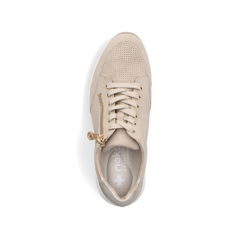 Beige Rieker Damen Sneaker Low N9517-62 mit Reißverschluss sowie Extraweite H. Schuh von oben.