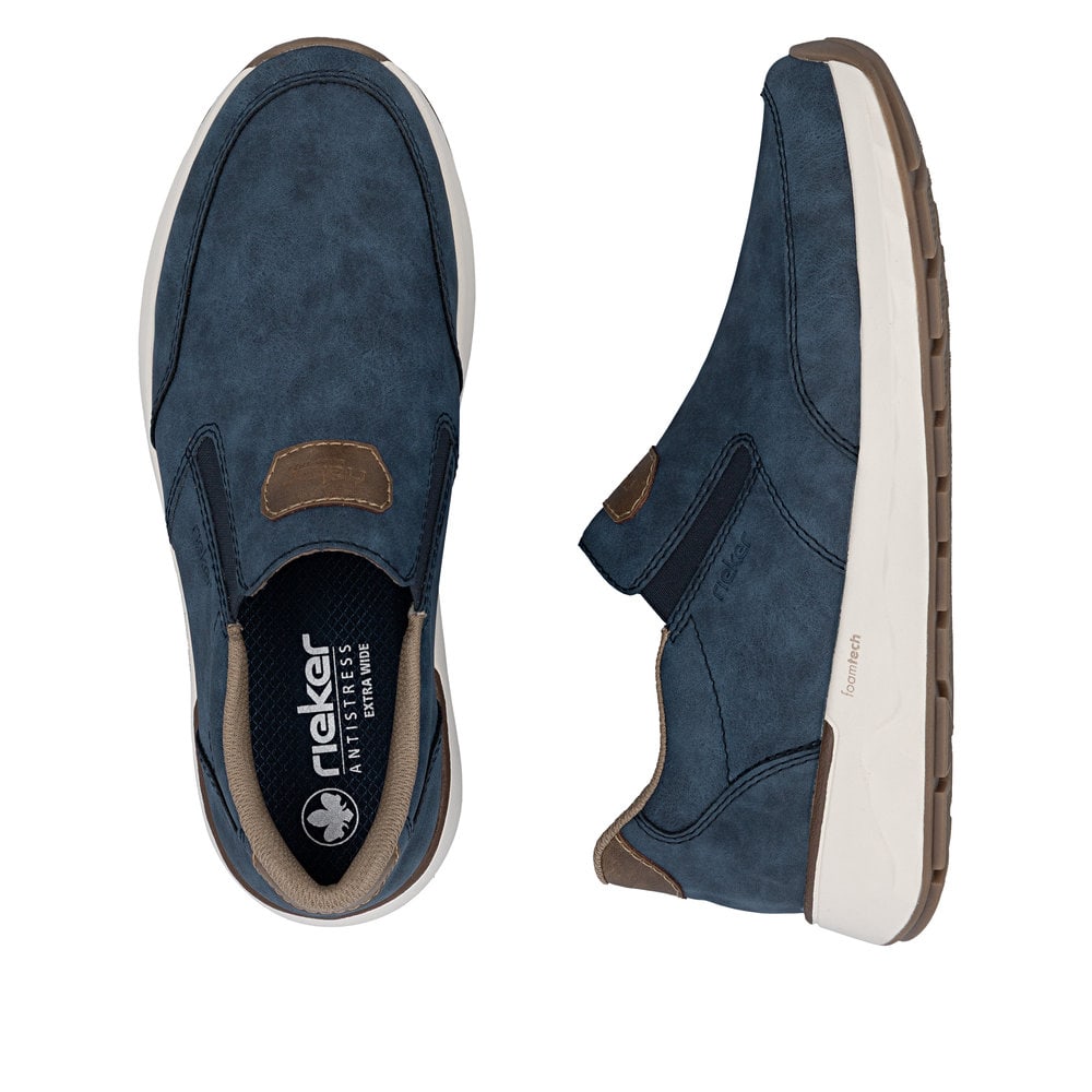 Mocassins Rieker bleus pour homme 11550-15 avec bande élastique. Chaussure vue de dessus, couchée.