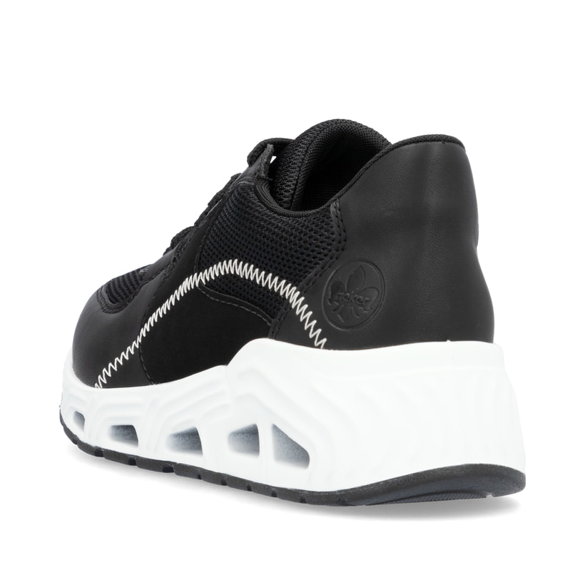 Schwarze vegane Rieker Damen Sneaker Low N5240-00 mit einer ultraleichten Sohle. Schuh von hinten.