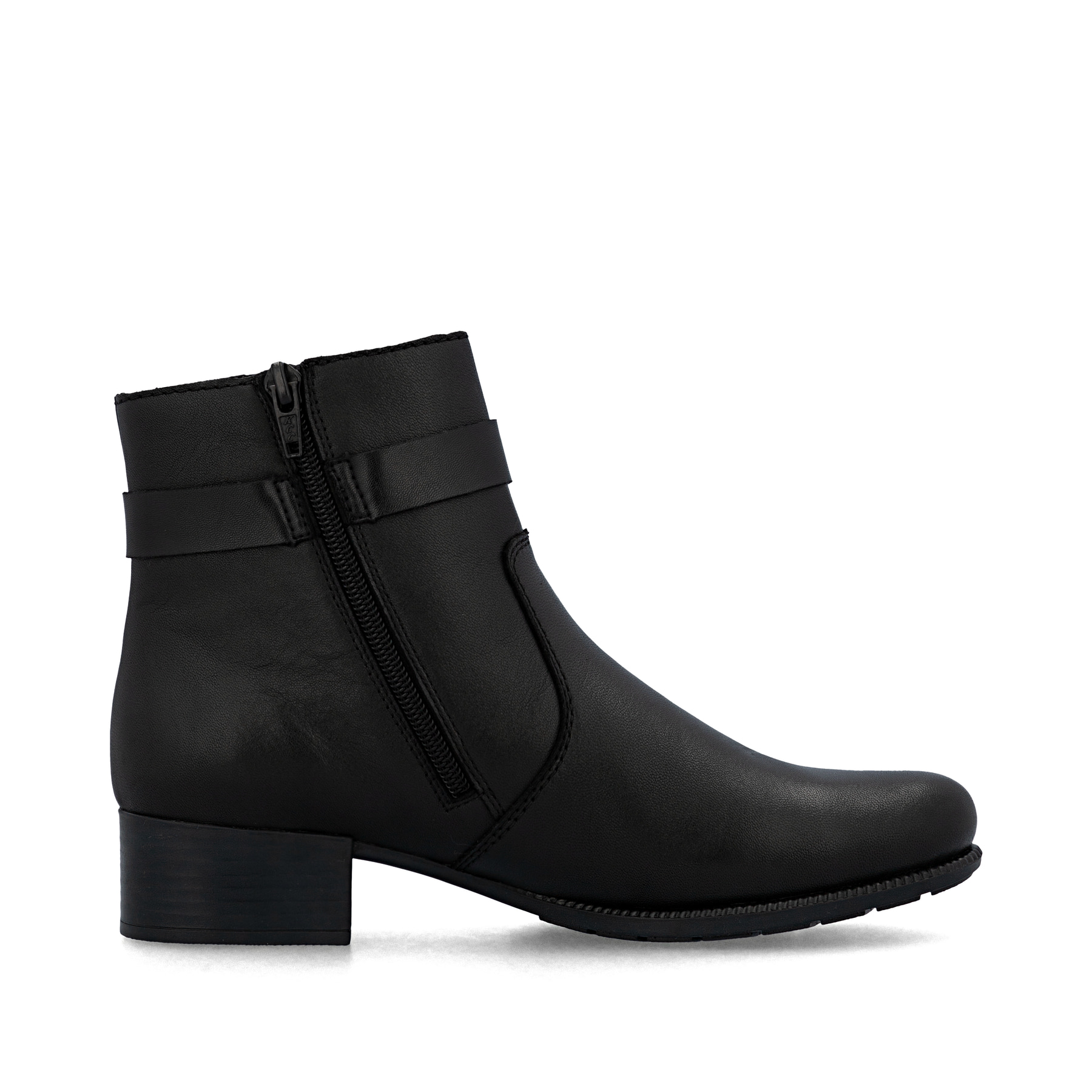 Schwarze Rieker Damen Stiefeletten 78664-00 aus Glattleder mit Reißverschluss. Schuh Innenseite.