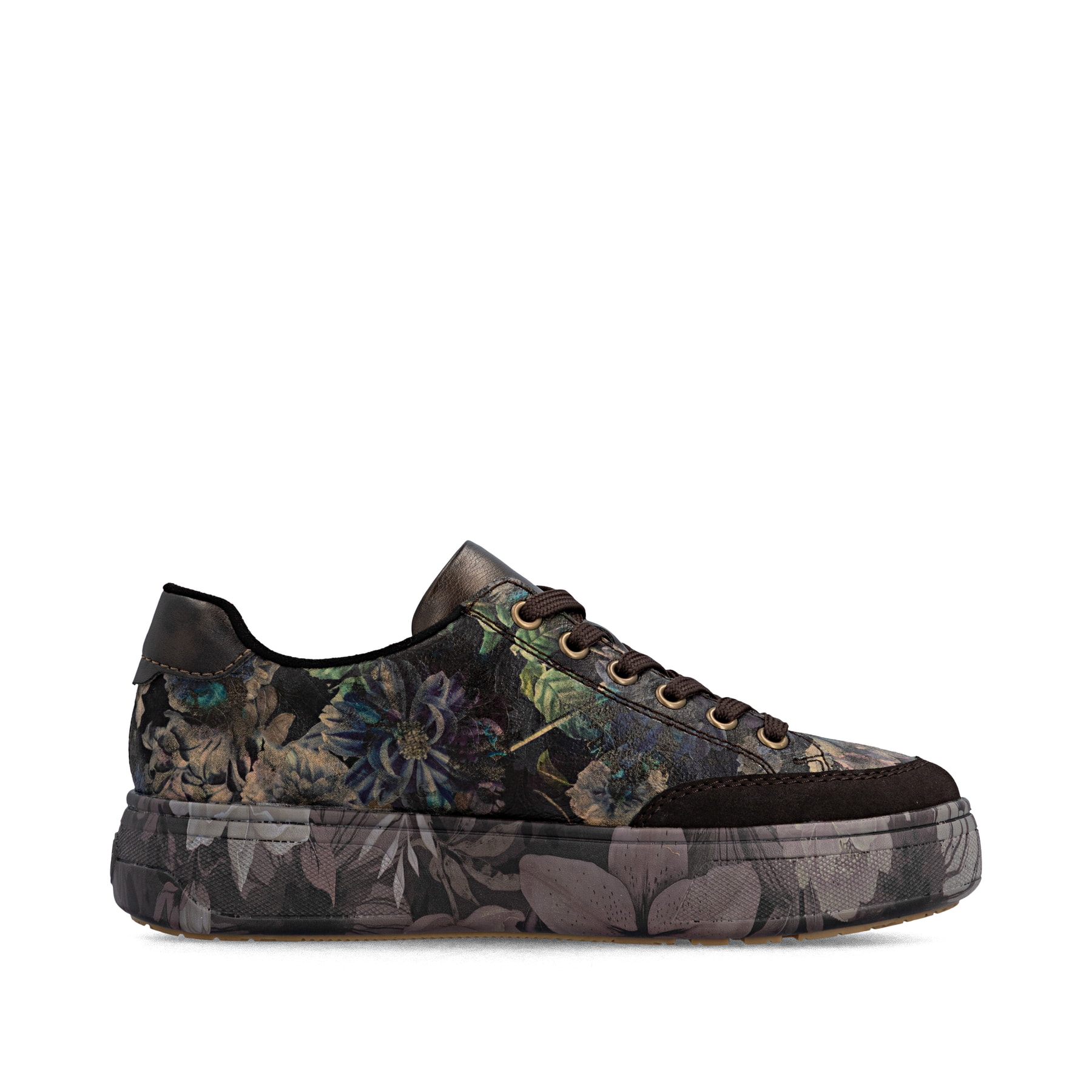 Dunkelbraun-schwarze Rieker Damen Sneaker Low M7711-26 mit floralem Aufdruck. Schuh Innenseite.
