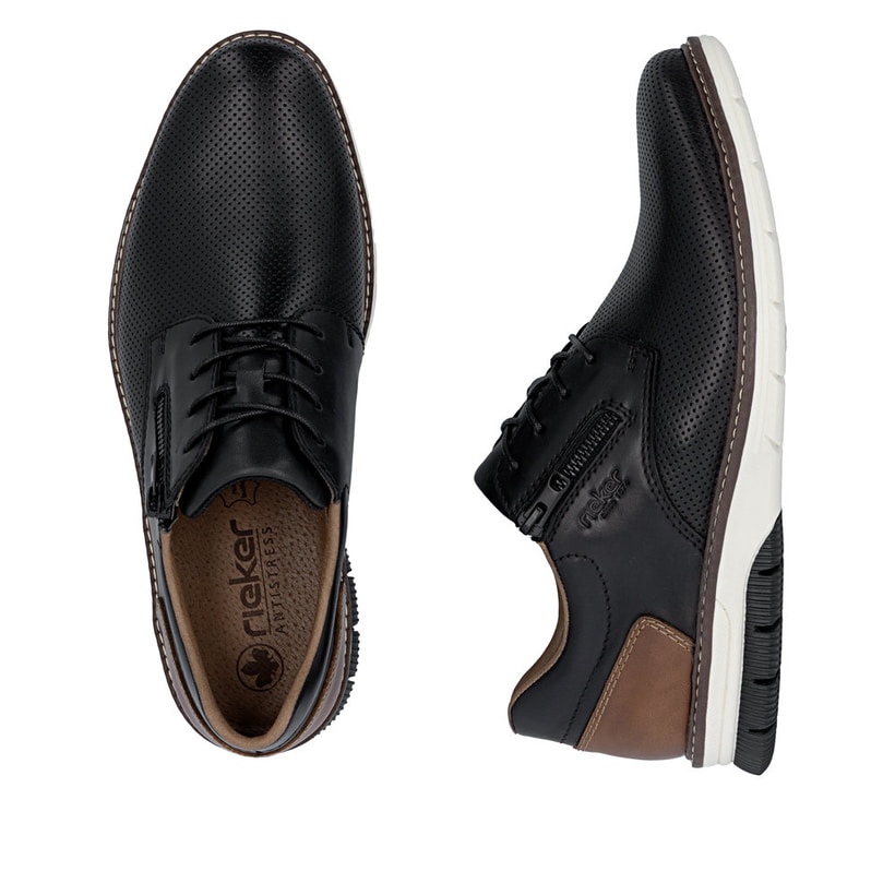 Schwarze Rieker Herren Schnürschuhe 14412-00 aus Glattleder mit Reißverschluss. Schuh von oben, liegend.