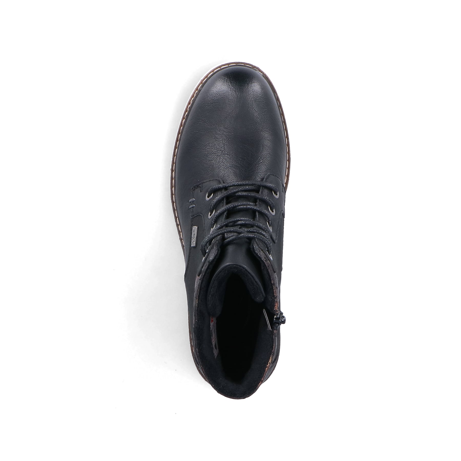 Schwarze Rieker Damen Schnürstiefel 94712-00 mit wasserabweisender TEX-Membran. Schuh von oben.