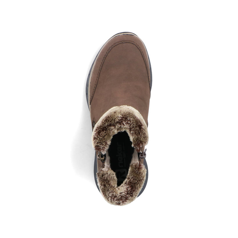 Braune Rieker Damen Kurzstiefel M6560-25 mit Fellkragen sowie Reißverschluss. Schuh von oben.