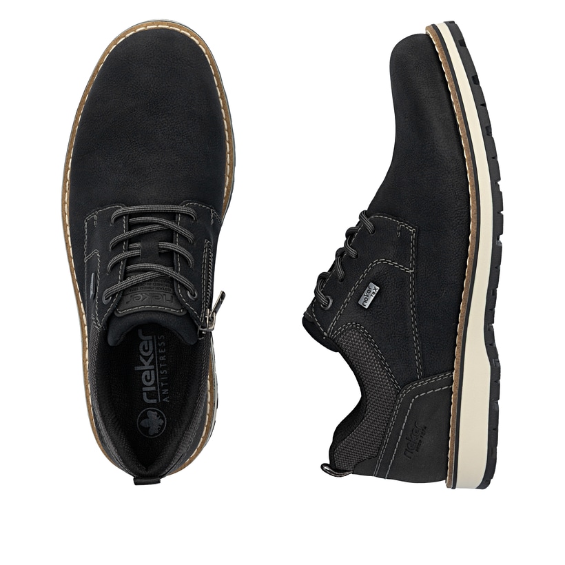 Schwarze Rieker Herren Schnürschuhe 38406-00 mit wasserabweisender TEX-Membran. Schuh von oben, liegend.