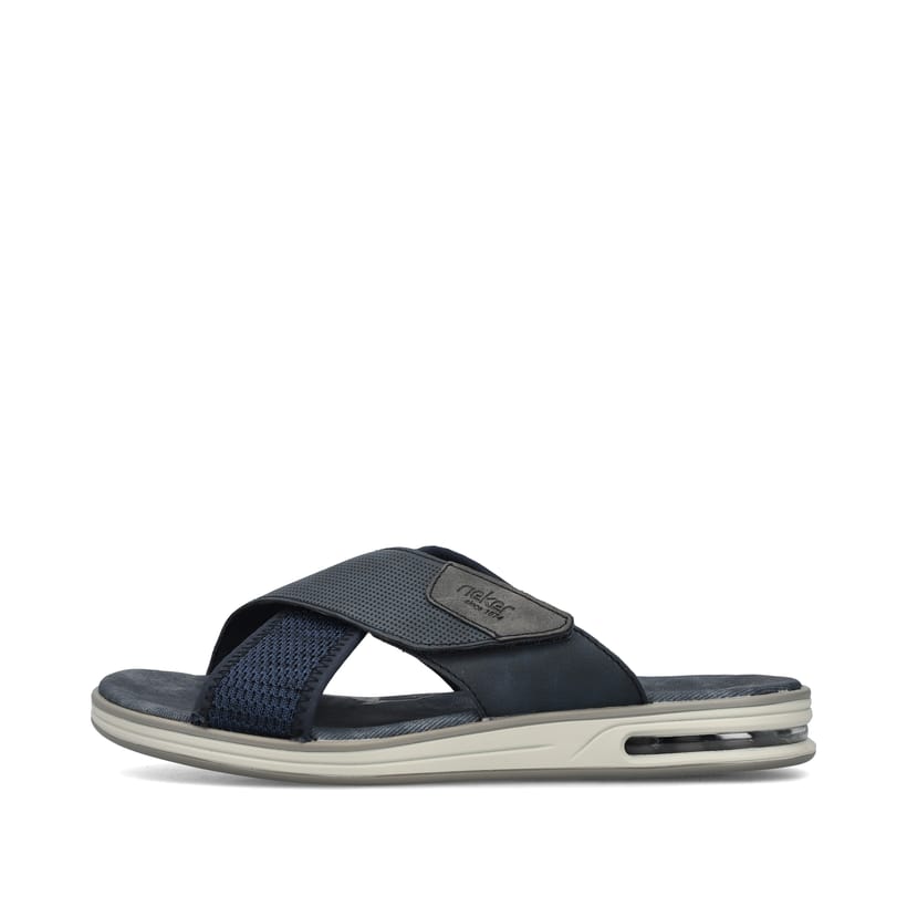 Blaue Rieker Herren Pantoletten 29083-14 mit Rieker Air Sohlenfenster. Schuh Außenseite.