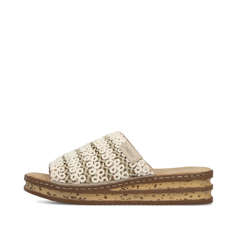 Beige Rieker Damen Pantoletten 629X8-60 mit modischen Flechtelementen. Schuh Außenseite.