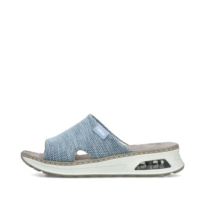 Blaue vegane Rieker Damen Pantoletten 65651-12 mit Rieker Air Sohlenfenster. Schuh Außenseite.