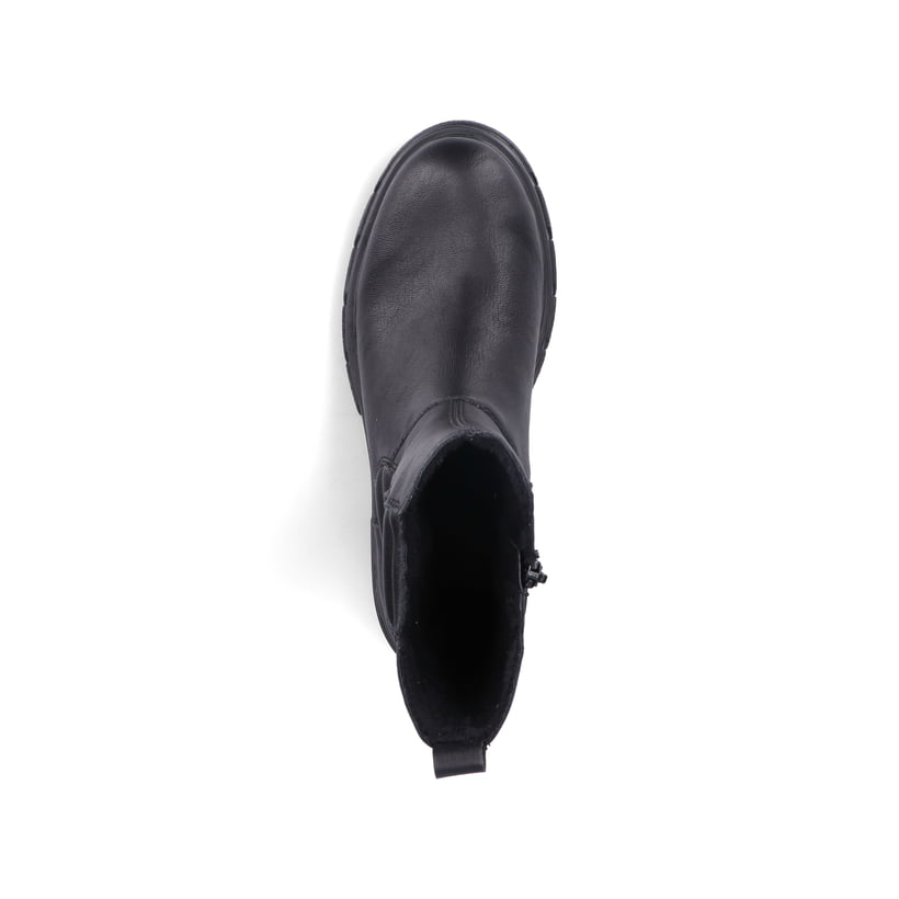 Tiefschwarze Rieker Damen Chelsea Boots Z9181-00 mit einer robusten Profilsohle. Schuh von oben