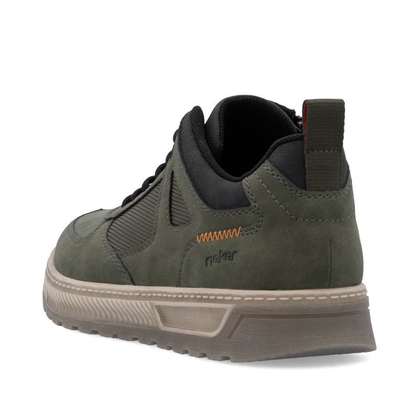 Dunkelgrüne Rieker Herren Schnürschuhe 37004-54 mit einem Reißverschluss. Schuh von hinten.