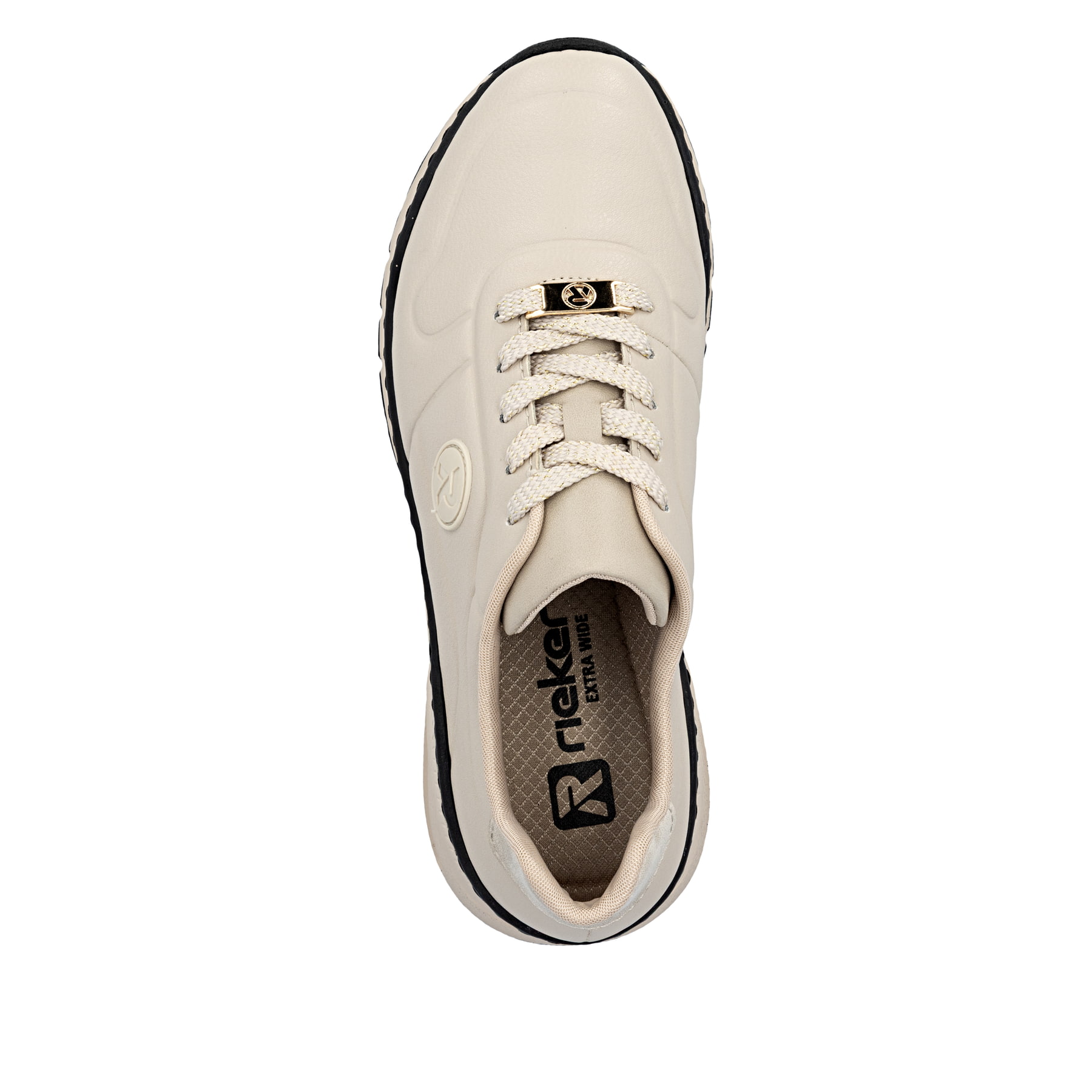 Beige Rieker Damen Sneaker Low M4903-61 aus Glattleder mit einer Schnürung. Schuh von oben.