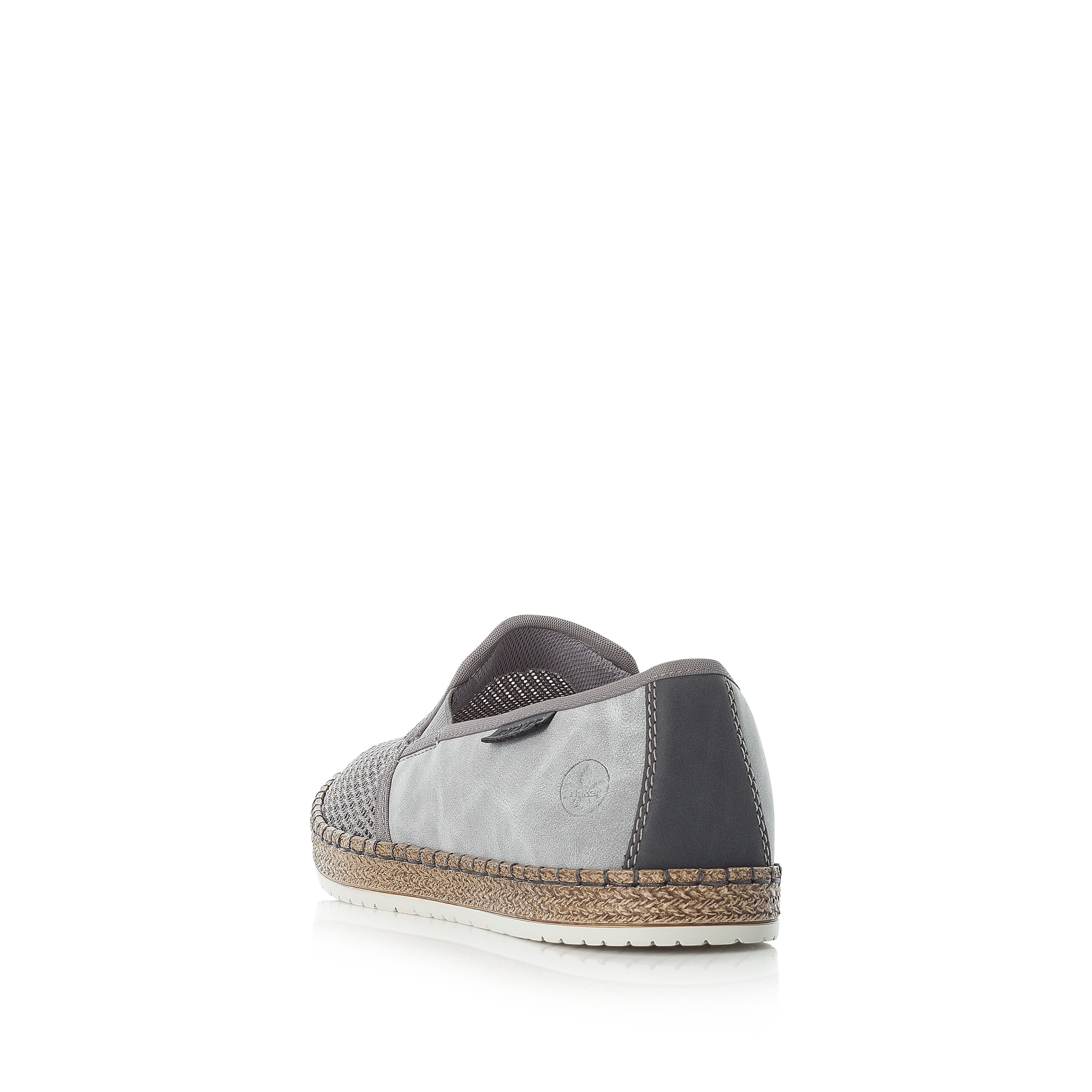 Graue Rieker Herren Slipper B5265-43 mit einem Gummizug sowie Komfortweite G 1/2. Schuh von hinten.