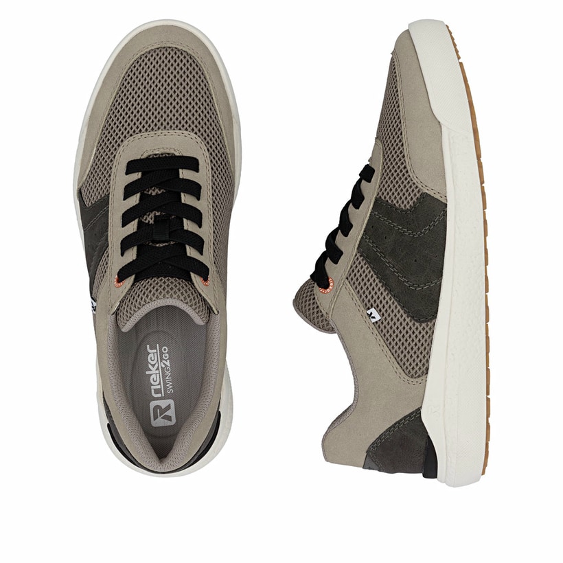 Beige Rieker Herren Sneaker Low U1150-64 mit Schnürung sowie der Komfortweite G. Schuh von oben, liegend.