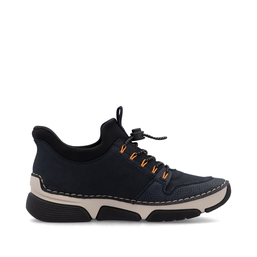Dunkelblaue Rieker Damen Slipper 45963-14 mit easy Hineinschlüpf-Möglichkeit. Schuh von hinten.