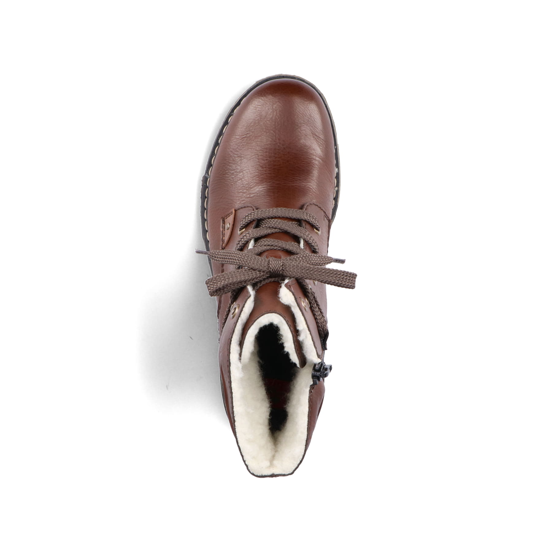 Dunkelbraune Rieker Damen Schnürstiefel 71229-22 mit einem Reißverschluss. Schuh von oben.