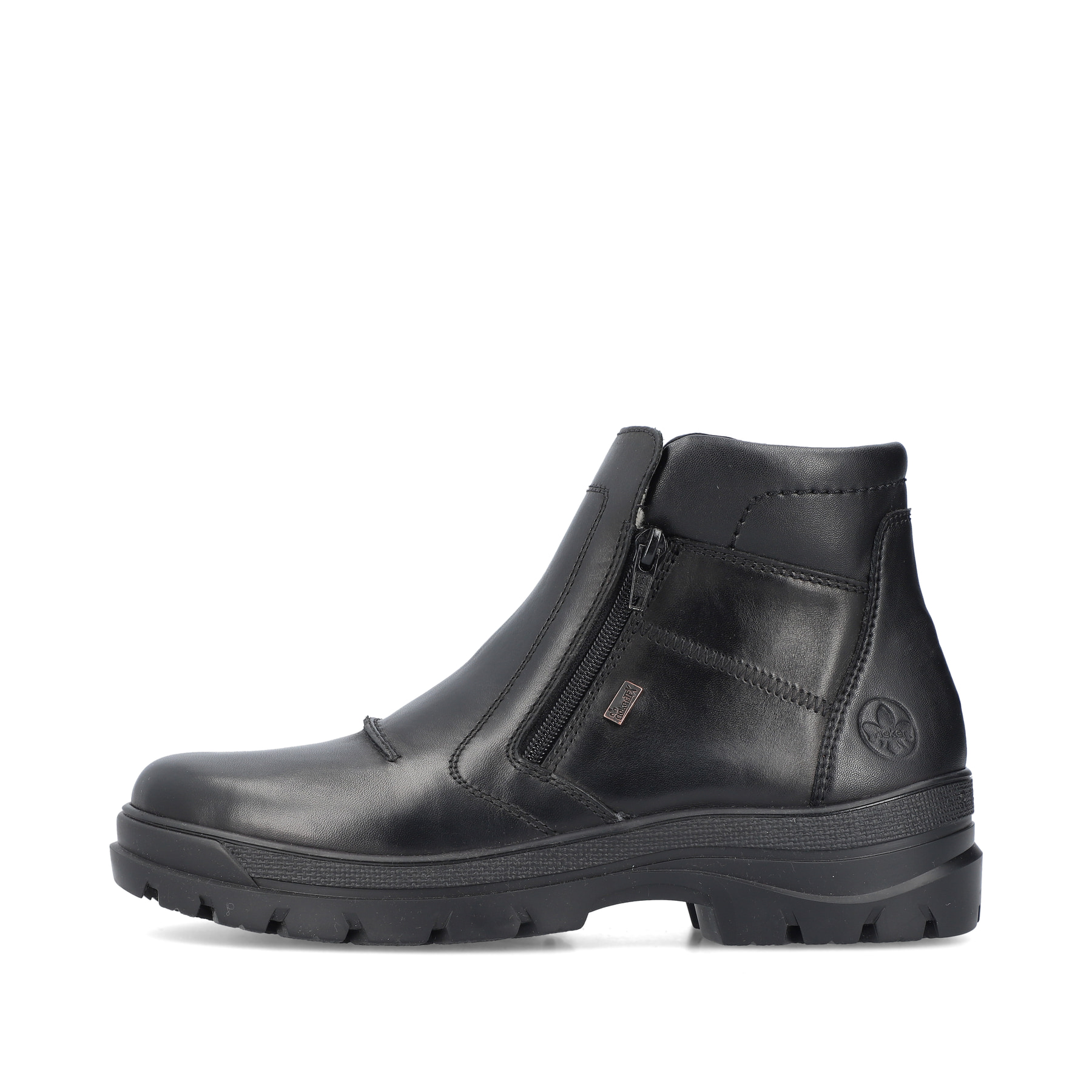 Graphitschwarze Rieker Herren Kurzstiefel F5463-00 mit Reißverschluss sowie Flip-Grip. Schuh Außenseite