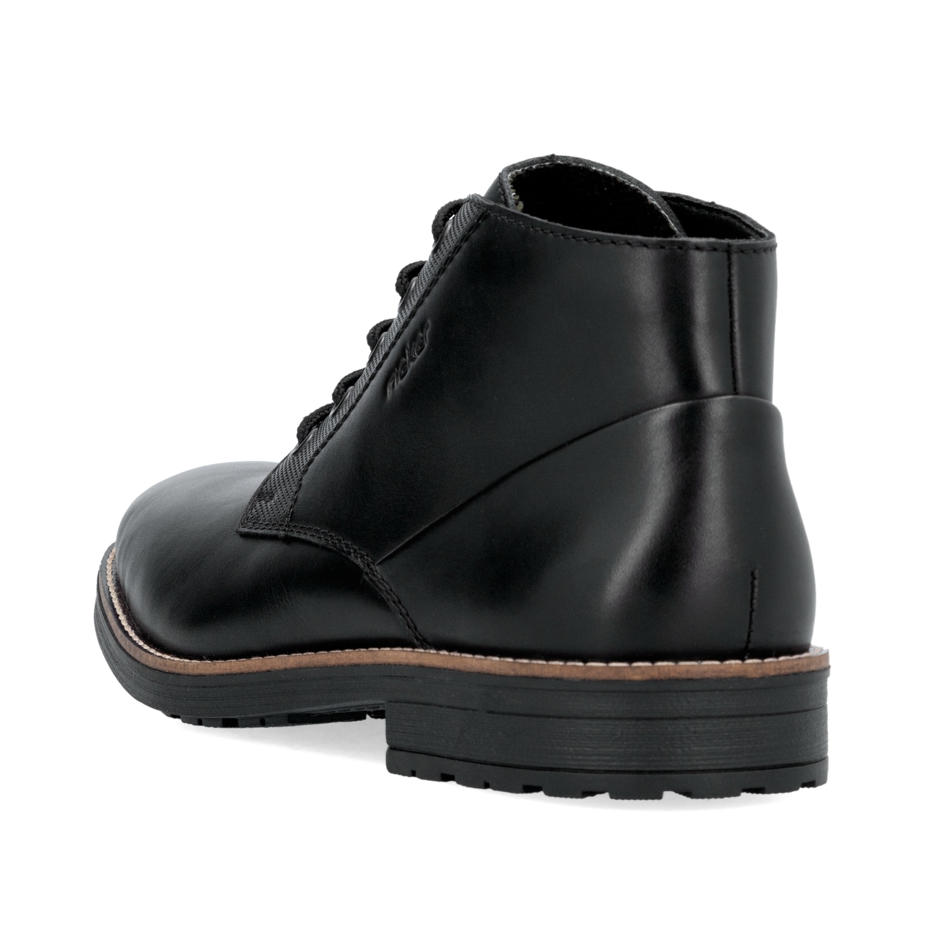 Carbonschwarze Rieker Herren Schnürstiefel 33207-00 mit einer Schnürung. Schuh von hinten.