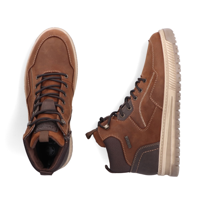 Braune Rieker Herren Schnürstiefel 38554-22 aus Rauleder. Schuh von oben, liegend.