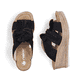 Schwarze Rieker Damen Pantoletten 68789-00 mit dekorativer Schleife. Schuh von oben, liegend.
