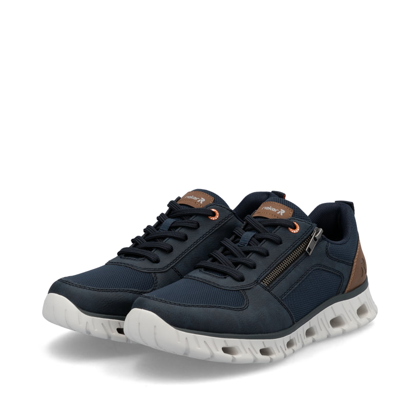 Blaue Rieker Herren Sneaker Low 04301-14 mit einem Reißverschluss. Schuhpaar seitlich schräg.