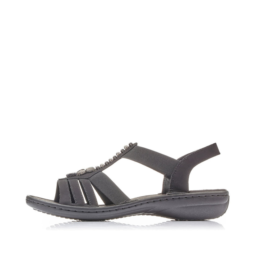 Sandales à lanières Rieker noires femme 60806-00 avec éléments décoratifs. Côté extérieur de la chaussure.