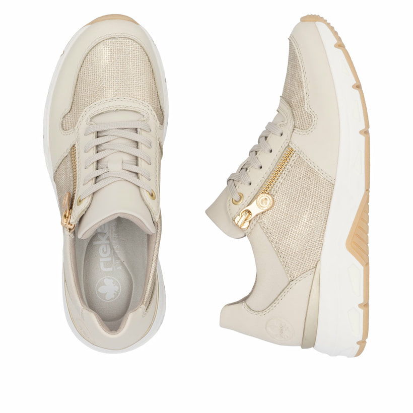 Beige Rieker Damen Sneaker Low 48101-60 aus Glattleder mit einem Reißverschluss. Schuh von oben, liegend.
