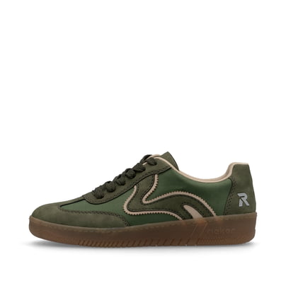 Grüne vegane Rieker Damen Sneaker Low M5512-54 mit einer Schnürung. Schuh Außenseite.