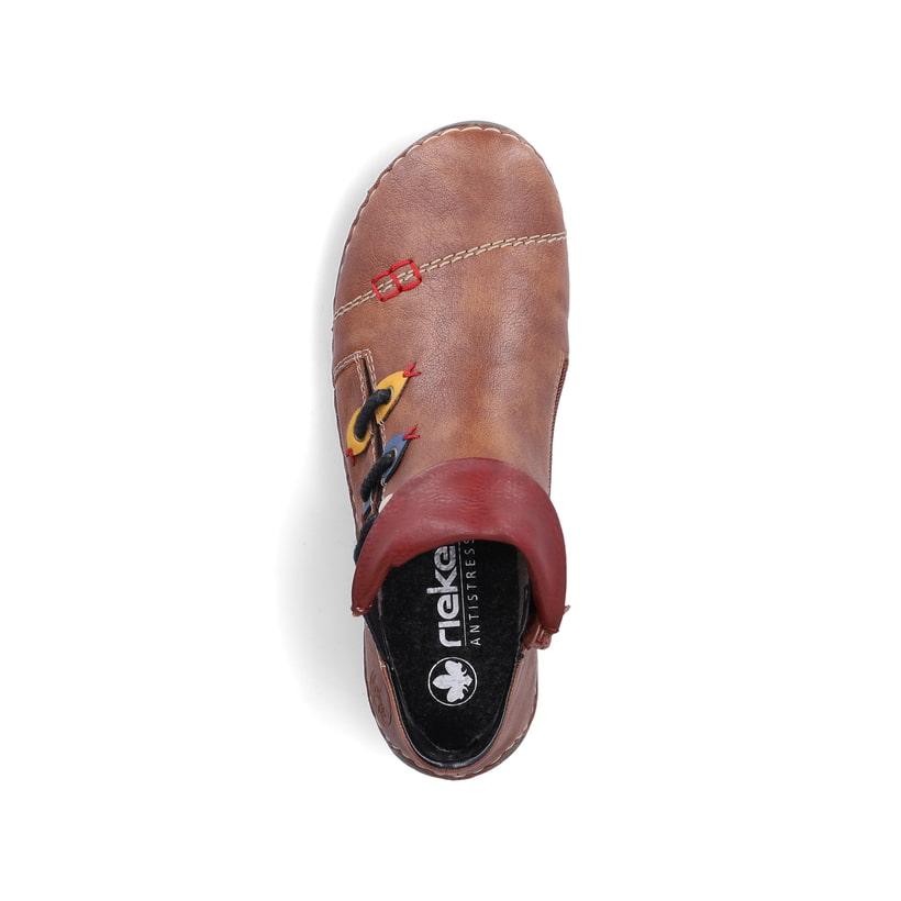 Zimtfarbene Rieker Damen Kurzstiefel 72581-21 mit farbenfrohen Details. Schuh von oben.