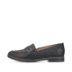 Schwarze Rieker Damen Loafer 45300-00 mit Gummizug sowie schmaler Passform E 1/2. Schuh Außenseite.