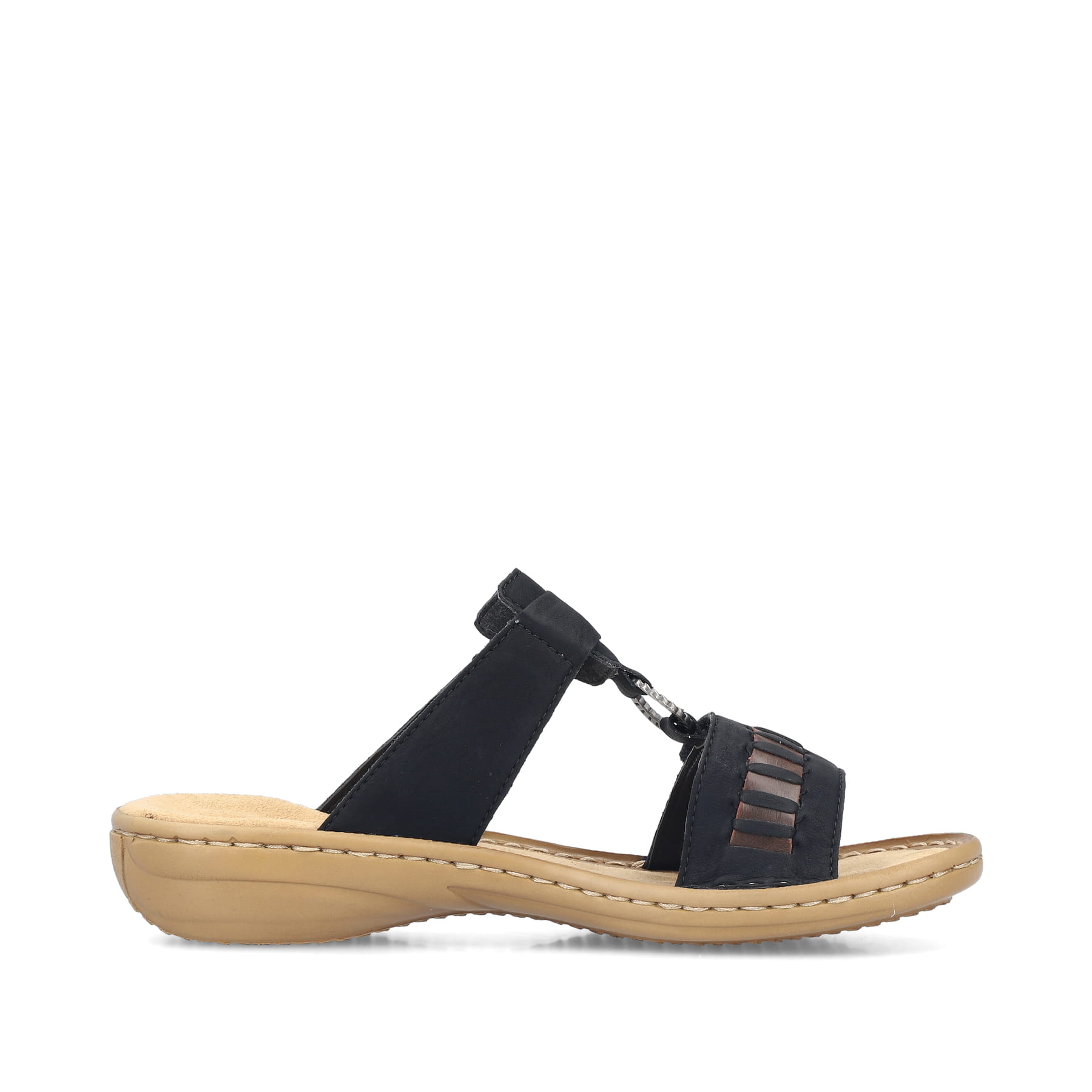 Schwarze Rieker Damen Pantoletten 60881-00 mit einem Klettverschluss. Schuh Innenseite.