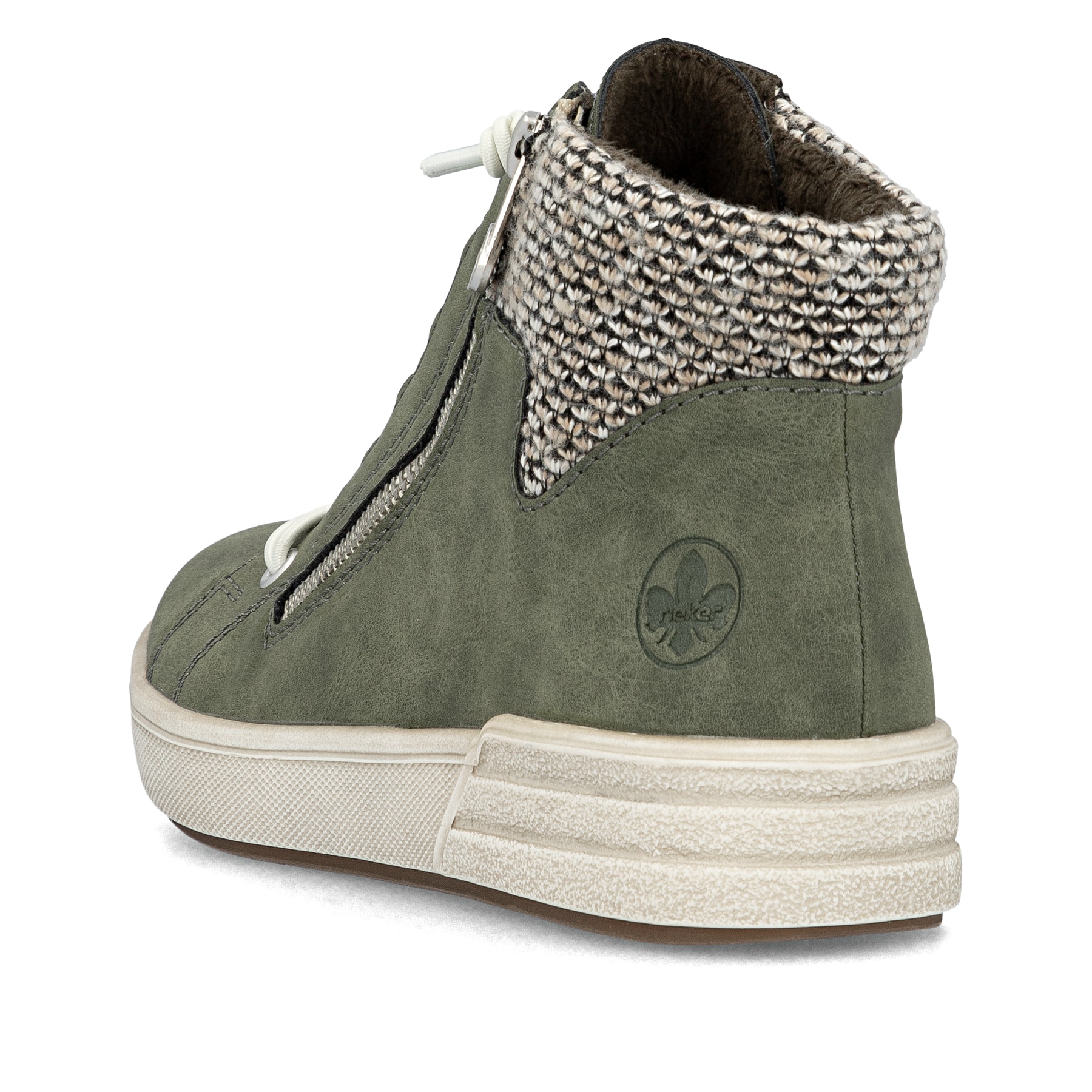 Grüne Rieker Damen Kurzstiefel X0750-54 mit Reißverschluss sowie Komfortweite G. Schuh von hinten.