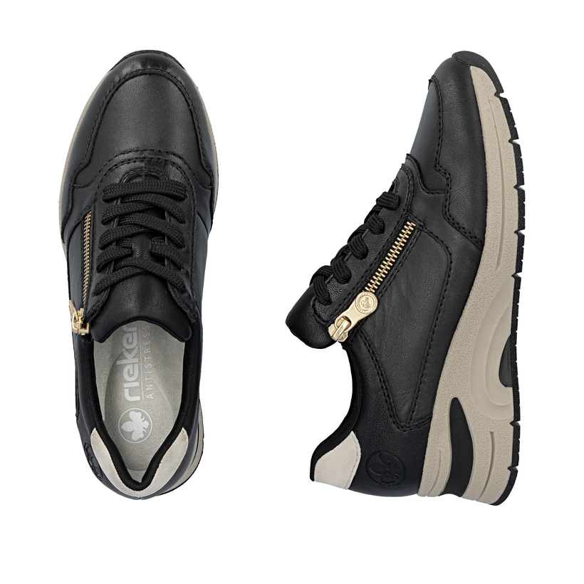 Schwarze Rieker Damen Sneaker Low N9301-00 mit einem Reißverschluss. Schuh von oben, liegend.