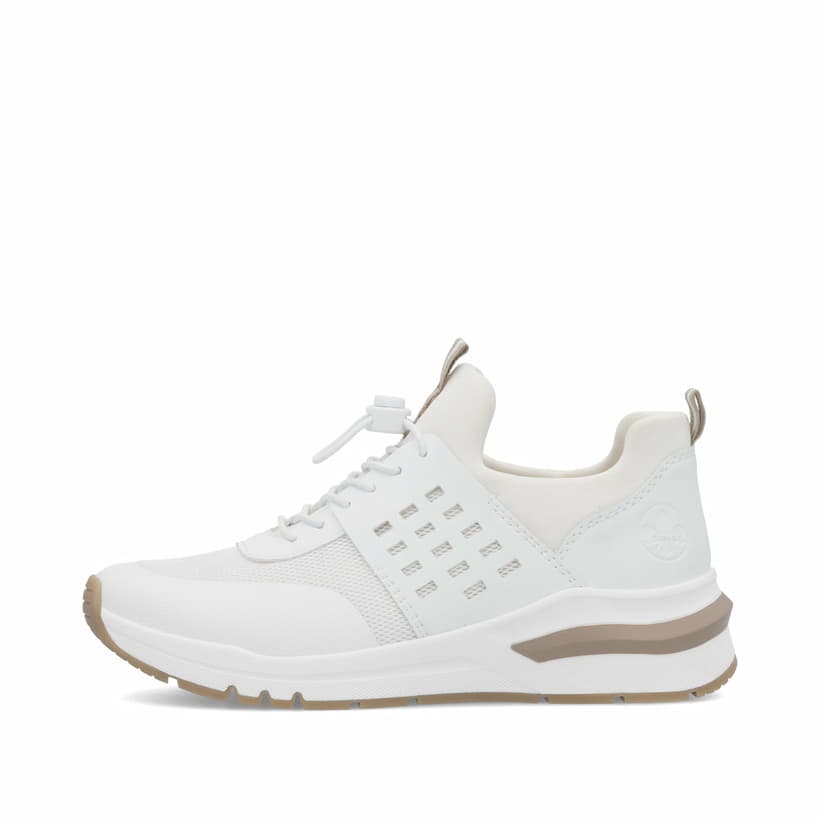 Weiße Rieker Damen Slipper M6651-80 mit einem Gummizug sowie der Extraweite H. Schuh Außenseite.