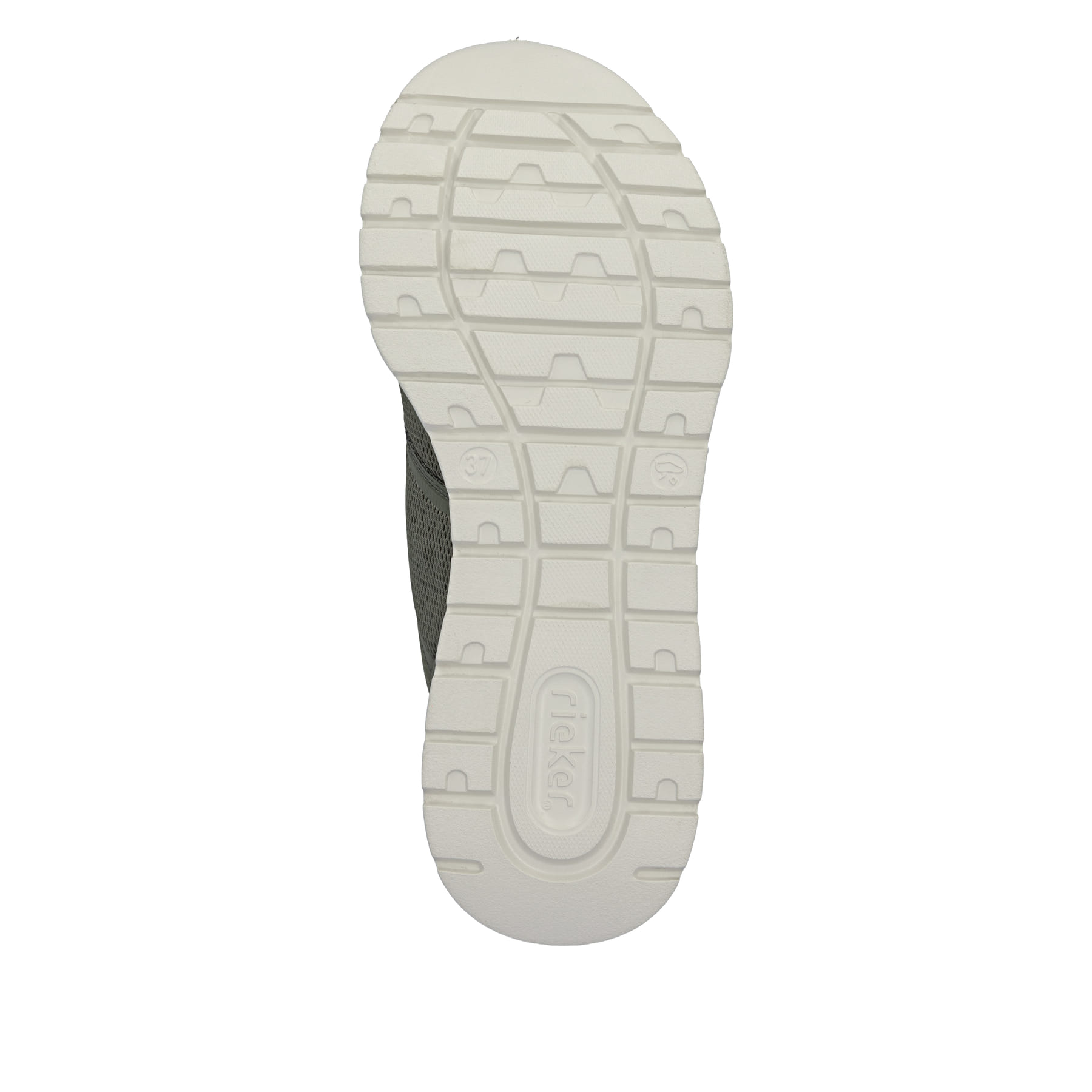Vegane, oliv-weiße Rieker Damen Slipper M6078-54 mit einem Gummizug. Schuh Laufsohle.