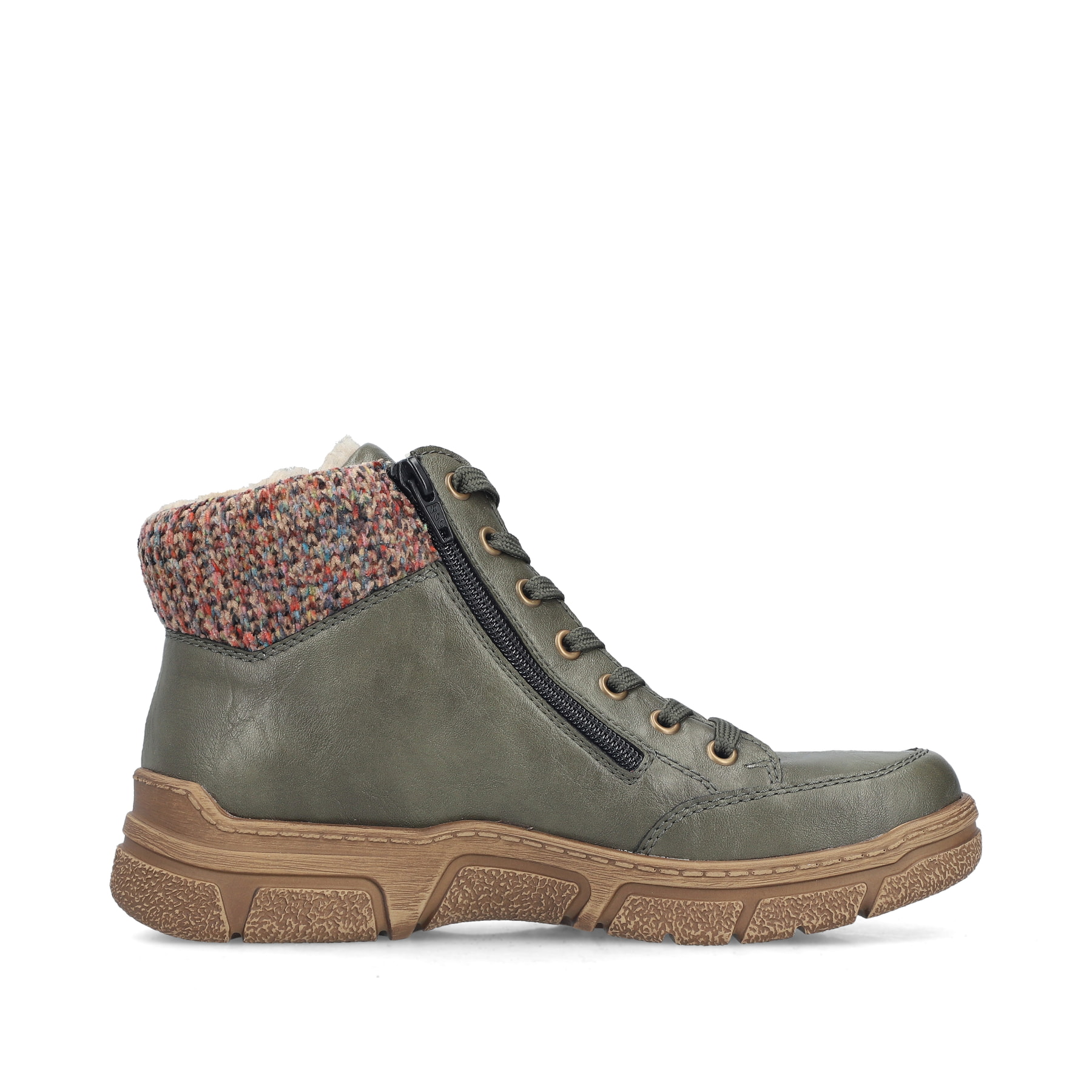 Dunkelgrüne Rieker Damen Schnürstiefel 72322-54 mit einem Reißverschluss. Schuh Innenseite.
